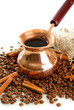 Coffee pot and coffee beans, isolated on white