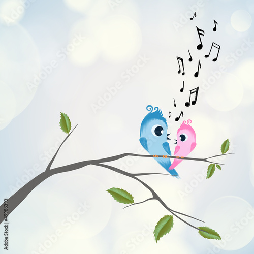 Illustration: Two birds flirting and singing on branch Two birds flirting and singing on branch