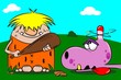 Cartoon caveman with wooden club and stunned dinosaur
