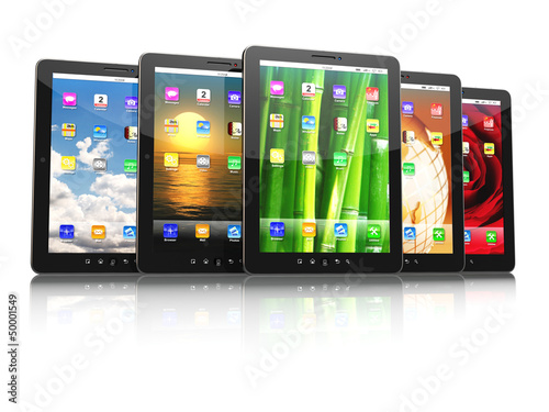 Illustration: Group of digital tablet pc with different screen backgrounds Group of digital tablet pc with different screen backgrounds