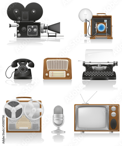 Vector: vintage and old art equipment video photo phone recording tv rad vintage and old art equipment video photo phone recording tv rad