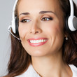 Support phone operator pointing, over gray