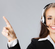 Support phone operator pointing, over grey