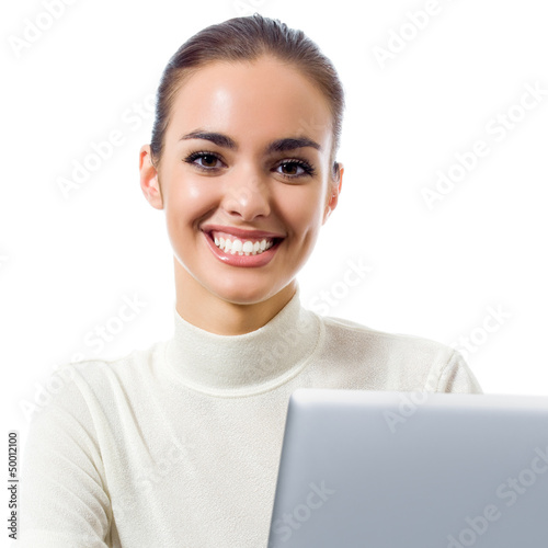 Photo: Business woman with laptop, isolated Business woman with laptop, isolated