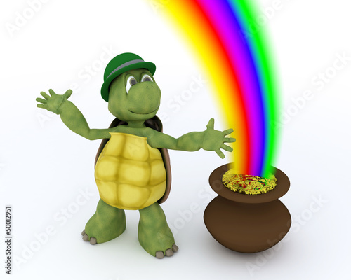Illustration: tortoise with pot of gold and rainbow tortoise with pot of gold and rainbow