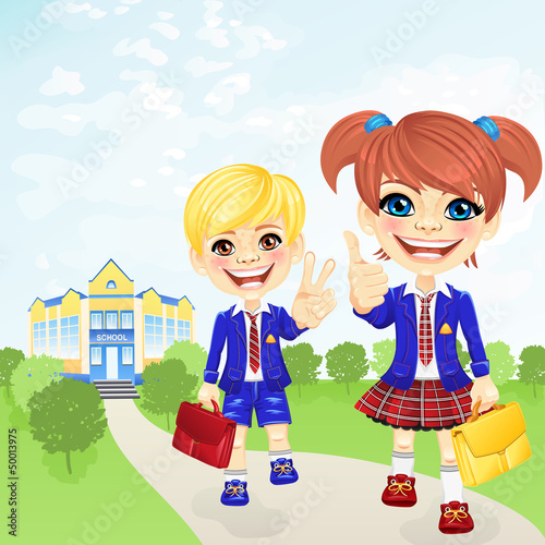 Vector: Vector happy schoolgirl and schoolboy near school Vector happy schoolgirl and schoolboy near school