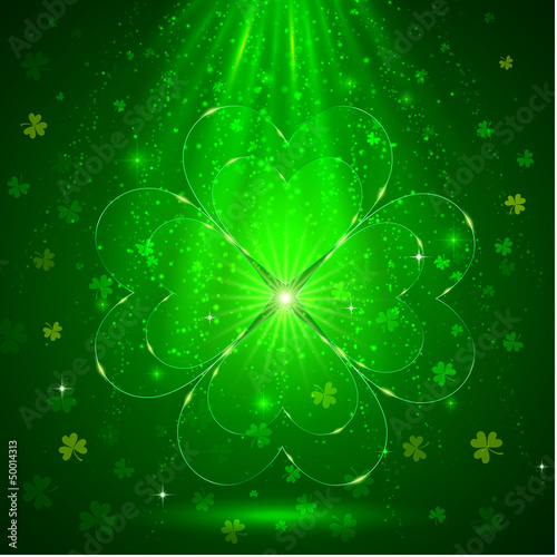 Vector: Green glass clover in the magic light background Green glass clover in the magic light background