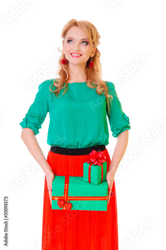 Photo: woman holds gift boxes woman holds gift boxes