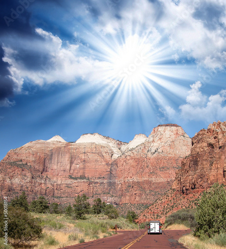 Photo: Zion Park, USA. Beautiful colors and typical red street Zion Park, USA. Beautiful colors and typical red street