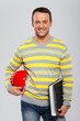 Happy businessman with helmet and folder on the white background
