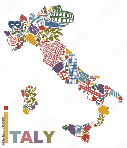 Vector: Traditional symbols of Italy in the form of a map Traditional symbols of Italy in the form of a map