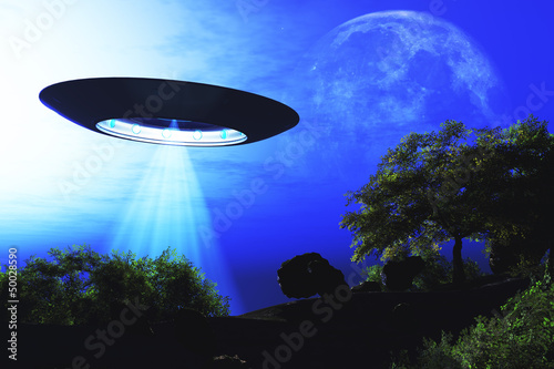 Illustration: Ufo Flying on Earth at Night over Field Ufo Flying on Earth at Night over Field