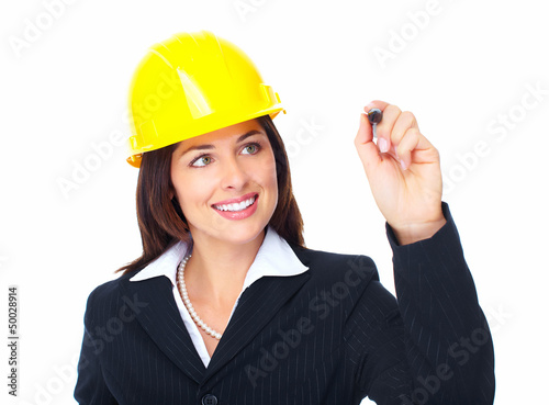 Photo: Engineer woman writing on white backgorund. Engineer woman writing on white backgorund.