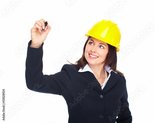 Photo: Engineer woman writing on white backgorund. Engineer woman writing on white backgorund.