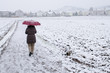 Frau mit Regenschirm tut im Schnee spazieren