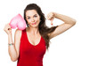 Beautiful sad woman holding red love heart.