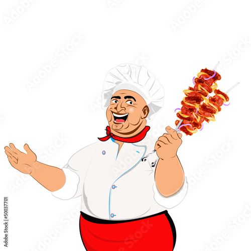 Vector: Funny Chef and delicious hot skewers of lamb.Vector Funny Chef and delicious hot skewers of lamb.Vector