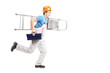 Full length portrait of a repairman running with a ladder and a