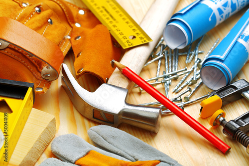 Photo: building tools on wooden boards building tools on wooden boards