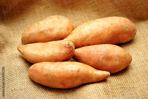 Photo: Five Sweet Potatoes on Burlap Five Sweet Potatoes on Burlap