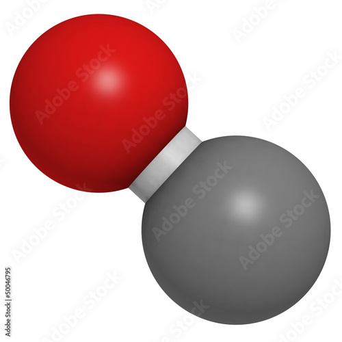 Illustration: Carbon monoxide (CO), molecular model. Carbon monoxide (CO), molecular model.