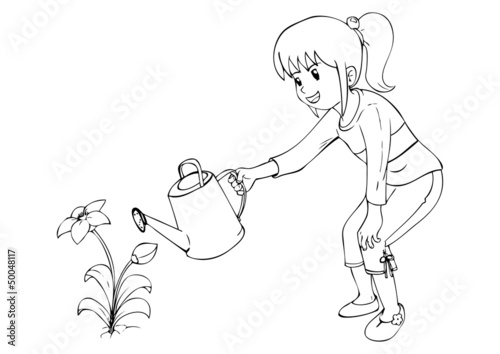 Vector: Outline illustration of little girl watering the flower Outline illustration of little girl watering the flower
