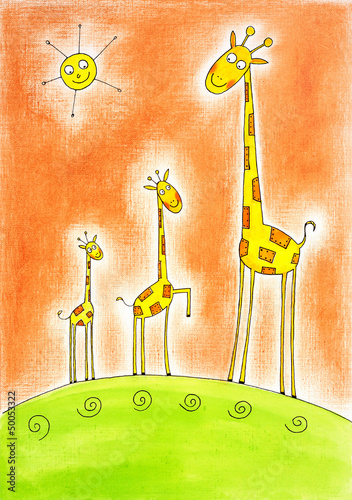 Illustration: Three happy giraffes, child's drawing, watercolor painting Three happy giraffes, child's drawing, watercolor painting