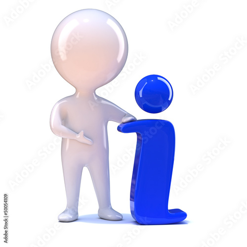 Illustration: Little man with blue "i" information symbol Little man with blue "i" information symbol