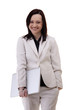 Smiling businesswoman in white suite with a laptop in her hands
