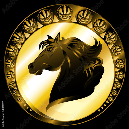 Vector: horse head golden black medallion - vector illustration horse head golden black medallion - vector illustration