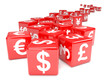 Red dice with currency symbols