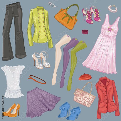 Vector: Background with various female clothes and accessories Background with various female clothes and accessories