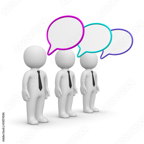 Illustration: Three 3d men with speech bubbles. Three 3d men with speech bubbles.