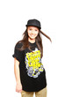 Happy break dance girl on white background