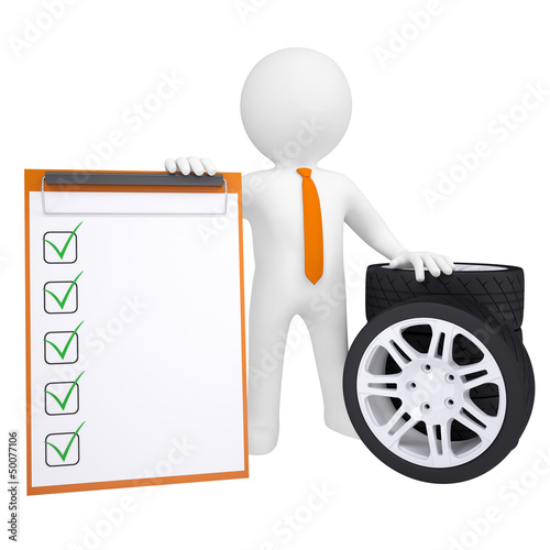 Illustration: 3D man holding a car wheel 3D man holding a car wheel