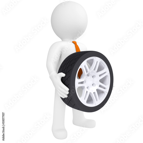 Illustration: 3D man holding a car wheel 3D man holding a car wheel