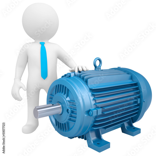 Illustration: 3D man standing next to the motor 3D man standing next to the motor