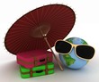 3d globe in sunglasses with a suitcases and umbrella