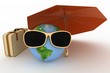 3d globe in sunglasses with a suitcase and umbrella