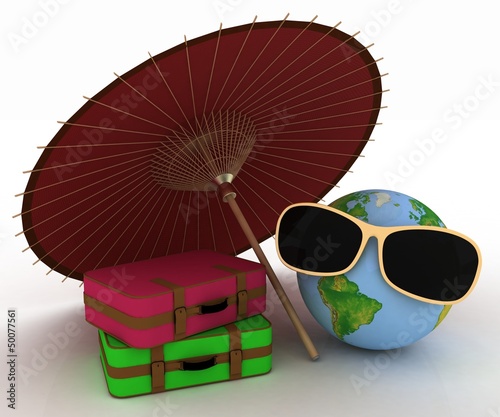 Illustration: 3d globe in sunglasses with a suitcases and umbrella 3d globe in sunglasses with a suitcases and umbrella