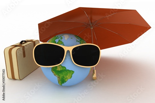 Illustration: 3d globe in sunglasses with a suitcase and umbrella 3d globe in sunglasses with a suitcase and umbrella