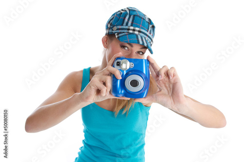 Photo: Urlaubsfoto - Fotograf weiblich mit Sofortbildkamera Urlaubsfoto - Fotograf weiblich mit Sofortbildkamera