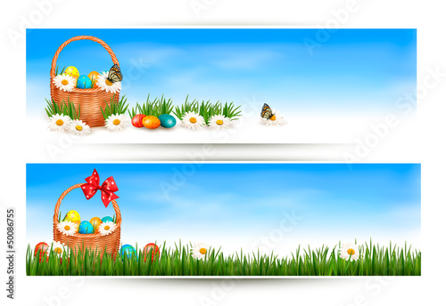 Vector: Easter banners with Easter eggs in basket and flowers. Vector Easter banners with Easter eggs in basket and flowers. Vector