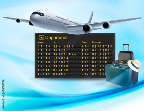 Vector: Travel background with mechanical departures board and airline. Travel background with mechanical departures board and airline.