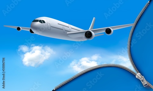 Vector: Travel background with airplane and white clouds Travel background with airplane and white clouds