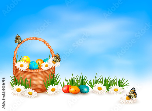 Vector: Easter background with Easter eggs in basket and butterfly on fl Easter background with Easter eggs in basket and butterfly on fl