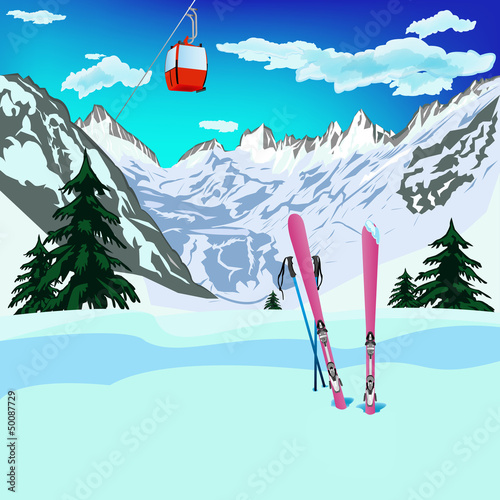 Illustration: Winter sports ski rest in Alpine resorts Winter sports ski rest in Alpine resorts