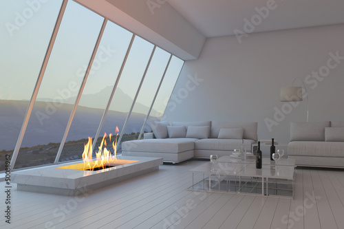Illustration: Awesome white 3D interior room with landscape view Awesome white 3D interior room with landscape view
