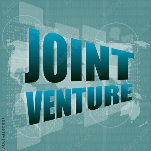Illustration: joint venture words on digital screen background with world map joint venture words on digital screen background with world map