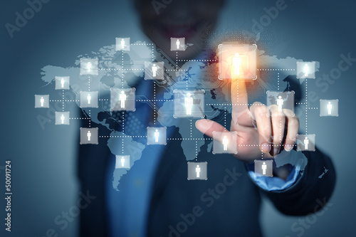 Photo: Image of female touching icon of social network Image of female touching icon of social network